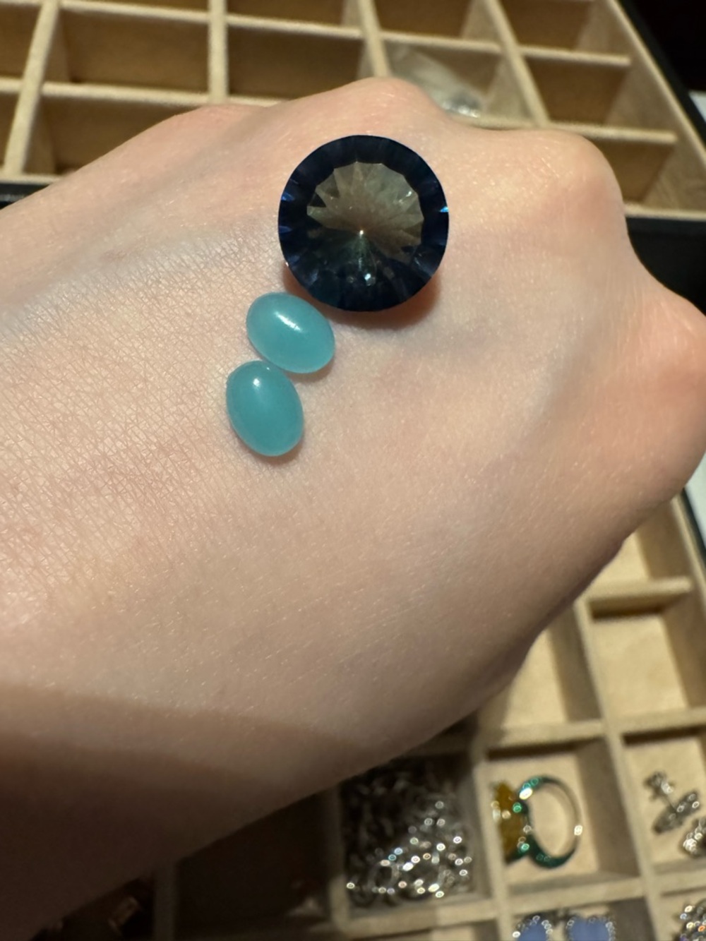 Blue and Teal Gemstone Mix - Round Blue Center Stone with Teal Cabochons